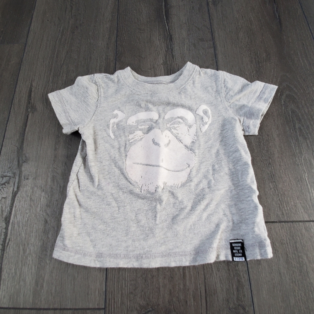 18M Gray Tee With Fuzzy Emblem of Monkey's Face